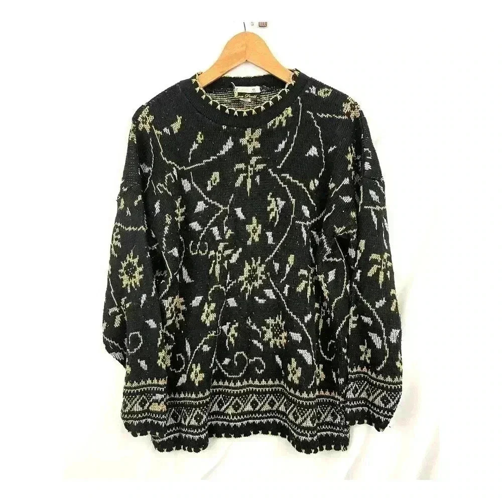 VTG Metallic Floral Long Sleeve Knit Sweater Top SMALL Black Dana Scott 90's